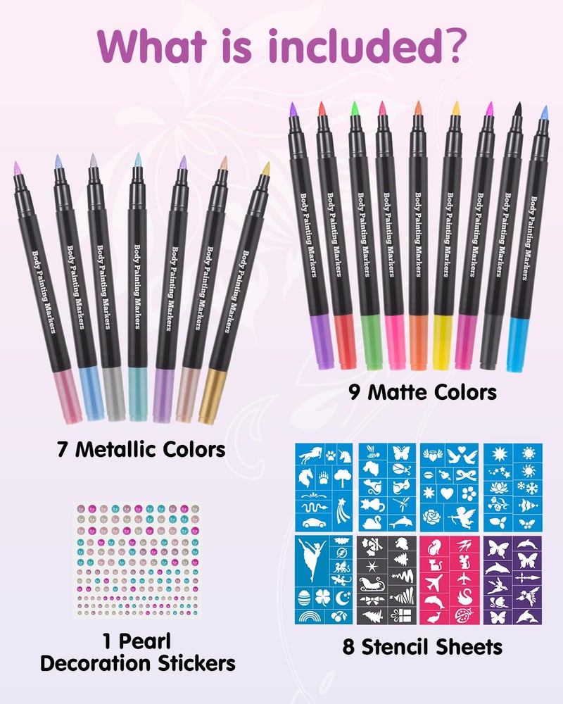 Lictin Temporary Tattoo Markers for Skin, 16 Colors Dual-End Skin Tattoo Pens with 80 Tattoo Stencils, Matte & Metallic Body Markers for Kids Teens and Adults, Flexible Brush Tip, Cosmetic-Grade - Image 2