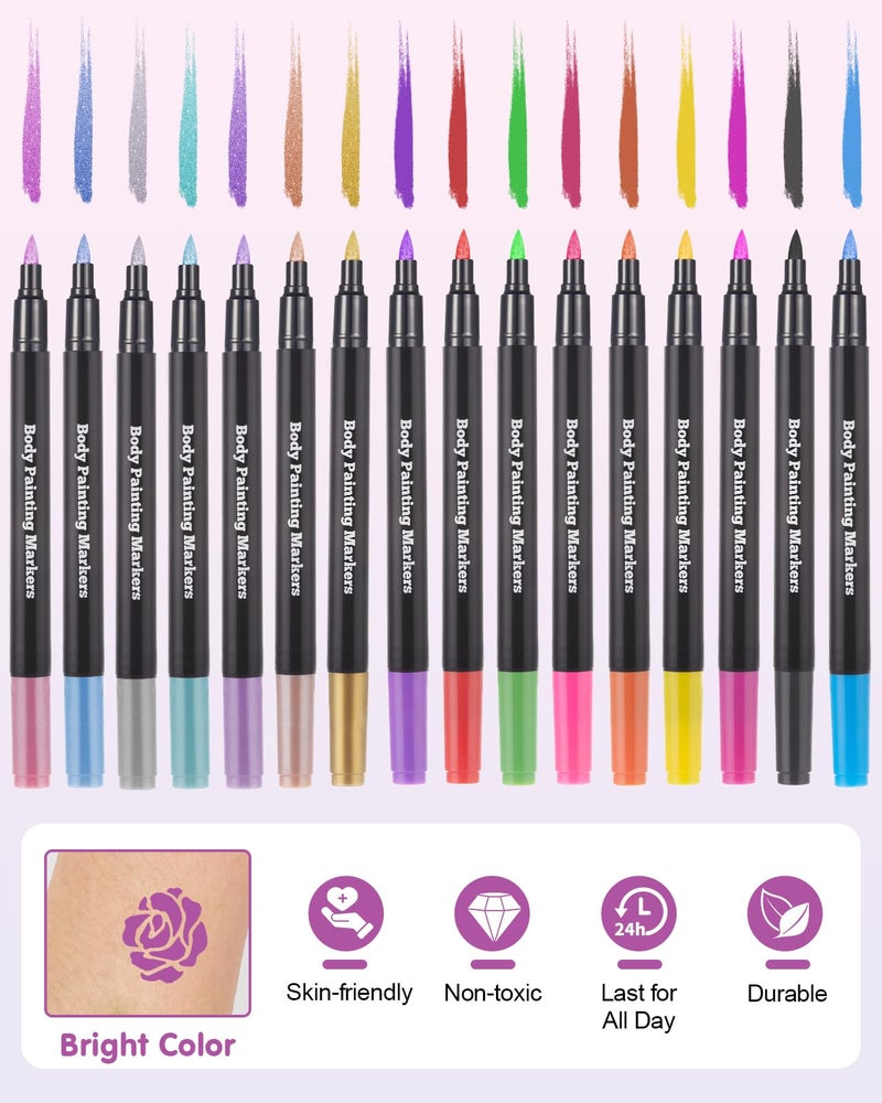Lictin Temporary Tattoo Markers for Skin, 16 Colors Dual-End Skin Tattoo Pens with 80 Tattoo Stencils, Matte & Metallic Body Markers for Kids Teens and Adults, Flexible Brush Tip, Cosmetic-Grade - Image 4