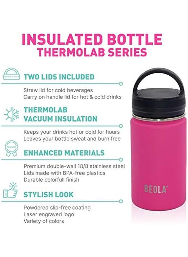 بيولا زجاجة مياه للأطفال 350 مل 18 8 من الفولاذ المقاوم للصدأ 304 زجاجة ترمس معزولة بجدار مزدوج مع غطاء من القش وفم واسع، غطاءان متضمنان زجاجة رياضية للسوائل الباردة الساخنة 12 أونصة باللون الوردي العميق - Image 2