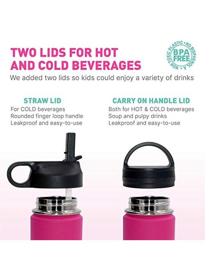 بيولا زجاجة مياه للأطفال 350 مل 18 8 من الفولاذ المقاوم للصدأ 304 زجاجة ترمس معزولة بجدار مزدوج مع غطاء من القش وفم واسع، غطاءان متضمنان زجاجة رياضية للسوائل الباردة الساخنة 12 أونصة باللون الوردي العميق - Image 3