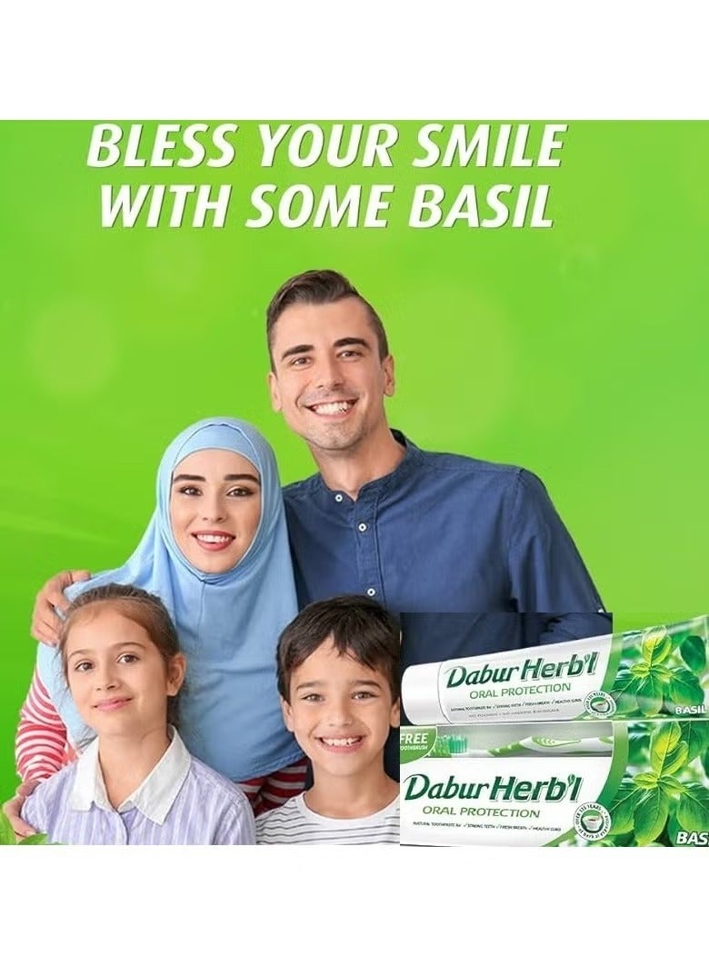دابر هيرب'ل هيربل معجون أسنان بالريحان 140 جم + فرشاة أسنان ألوان متعددة - Image 2