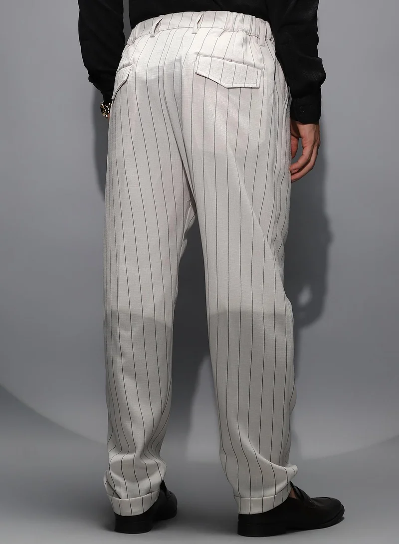 Campus Sutra Men's Daisy White Pinstripe-Pleated Chino Trousers For Casual Wear | Mid-Rise | Regular Fit | Hook & Zip Closure | Trousers Shirt Crafted With Comfort Fit For Everyday Wear