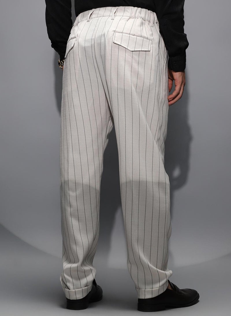 Campus Sutra Men's Daisy White Pinstripe-Pleated Chino Trousers For Casual Wear | Mid-Rise | Regular Fit | Hook & Zip Closure | Trousers Shirt Crafted With Comfort Fit For Everyday Wear  - Image 5