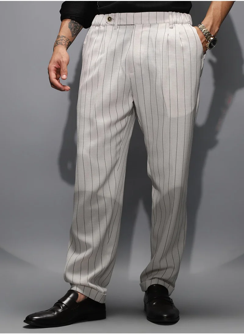Campus Sutra Men's Daisy White Pinstripe-Pleated Chino Trousers For Casual Wear | Mid-Rise | Regular Fit | Hook & Zip Closure | Trousers Shirt Crafted With Comfort Fit For Everyday Wear