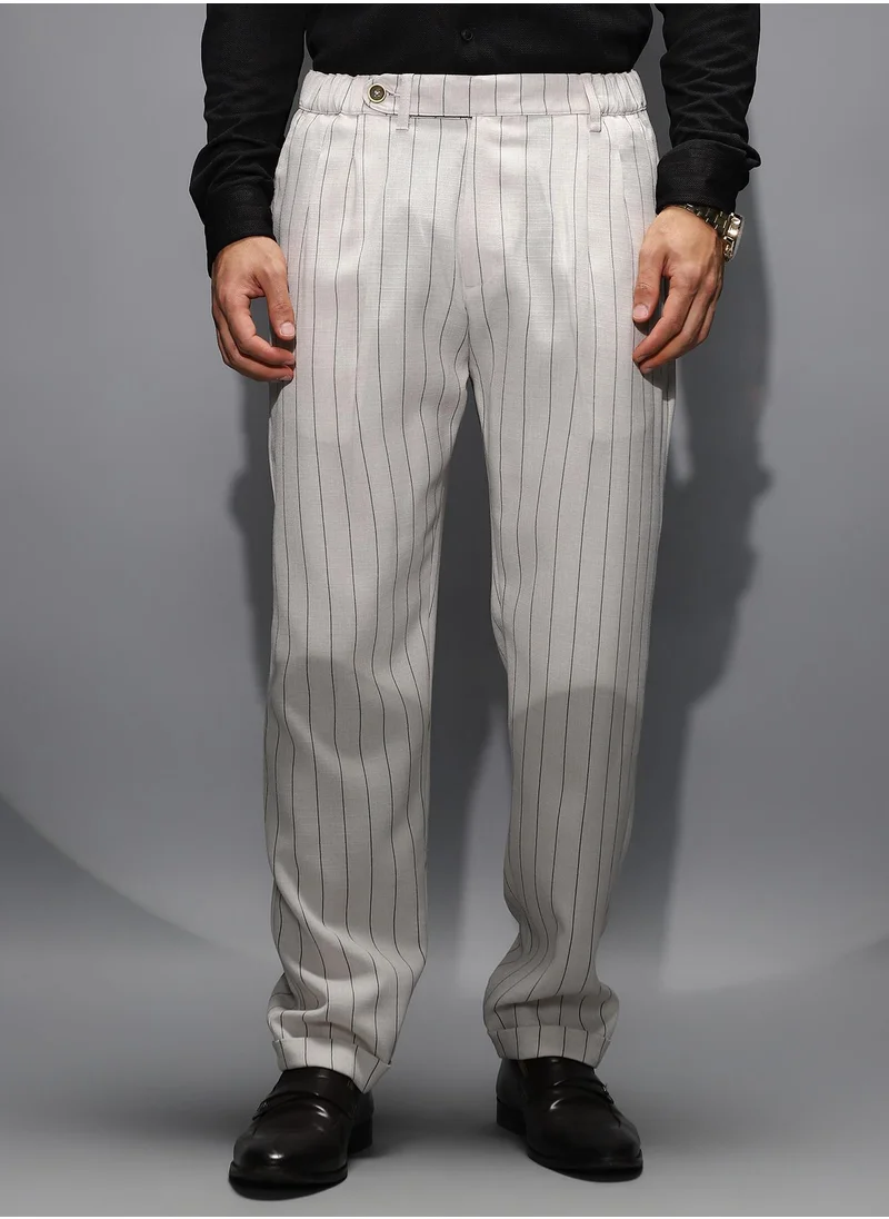 Campus Sutra Men's Daisy White Pinstripe-Pleated Chino Trousers For Casual Wear | Mid-Rise | Regular Fit | Hook & Zip Closure | Trousers Shirt Crafted With Comfort Fit For Everyday Wear