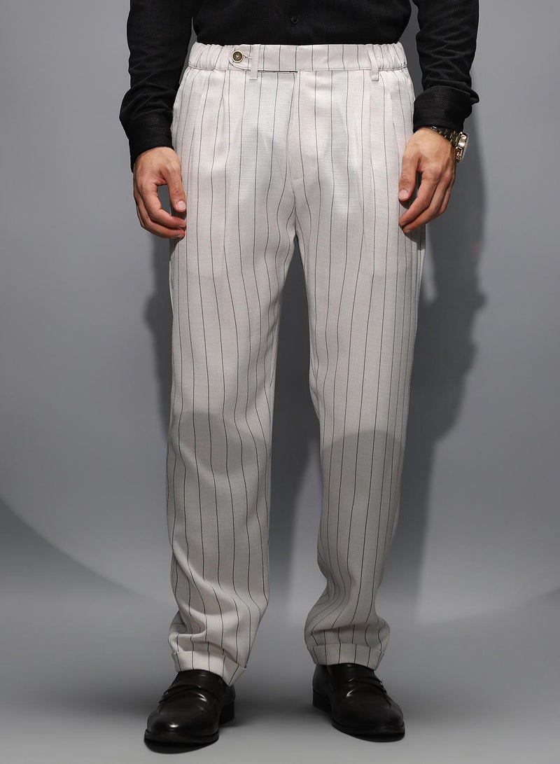 Campus Sutra Men's Daisy White Pinstripe-Pleated Chino Trousers For Casual Wear | Mid-Rise | Regular Fit | Hook & Zip Closure | Trousers Shirt Crafted With Comfort Fit For Everyday Wear  - Image 2