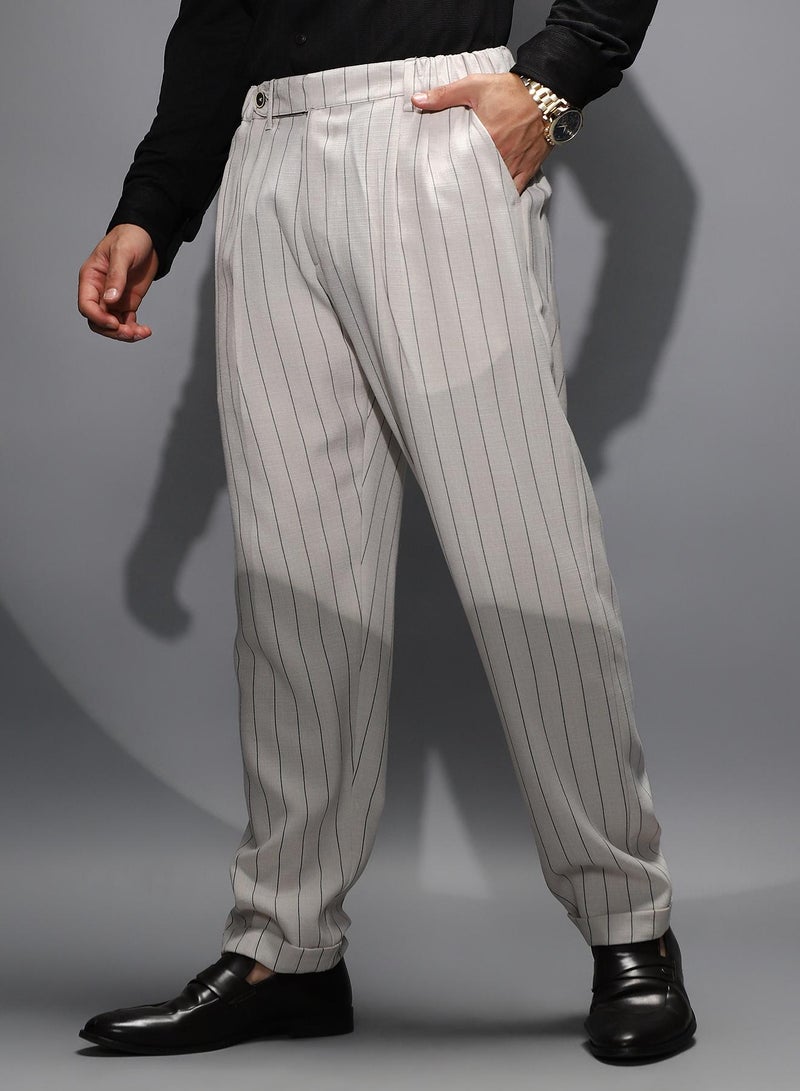 Campus Sutra Men's Daisy White Pinstripe-Pleated Chino Trousers For Casual Wear | Mid-Rise | Regular Fit | Hook & Zip Closure | Trousers Shirt Crafted With Comfort Fit For Everyday Wear  - Image 3