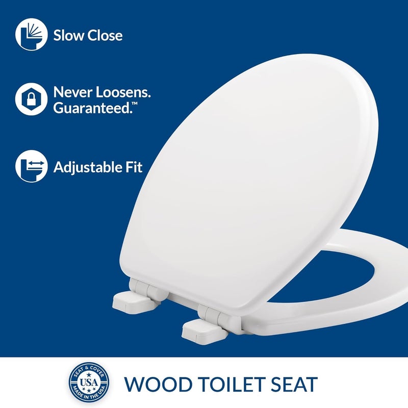 Mayfair Linden Slow Close Toilet Seat, Non Slip Heavy Duty Wood, Easy Install, Round, White - Image 2