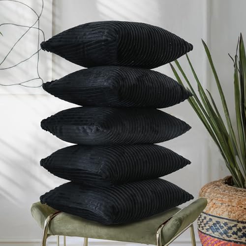 RD TREND® Cushion Cover Set of 5, Decorative Sofa Living Room Home Square Cushion Covers 16 Inch x 16 Inch, Aesthetic Corduroy Striped Double Sided (Black,Pack of 5) - Image 1