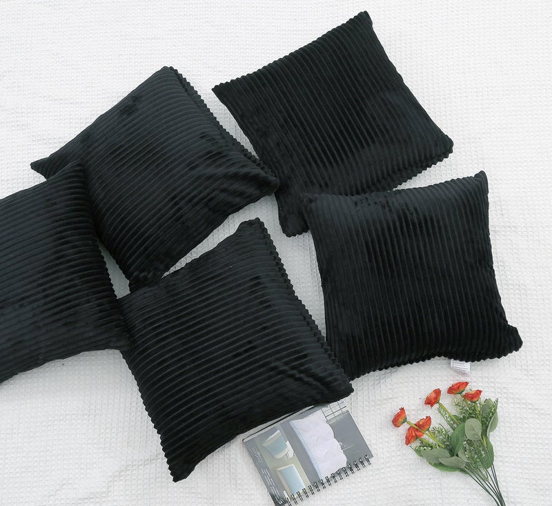 RD TREND® Cushion Cover Set of 5, Decorative Sofa Living Room Home Square Cushion Covers 16 Inch x 16 Inch, Aesthetic Corduroy Striped Double Sided (Black,Pack of 5) - Image 3