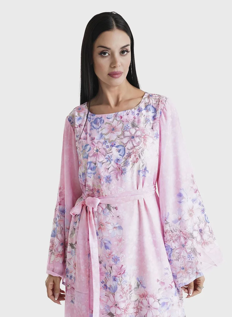 KASHKHA Pink Floral Printed Faux Georgette Stone Work Maxi Dress (VDU820)
