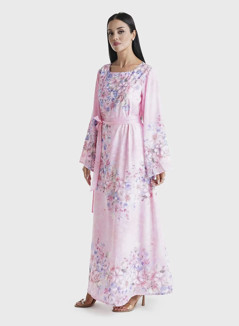 KASHKHA Pink Floral Printed Faux Georgette Stone Work Maxi Dress (VDU820)