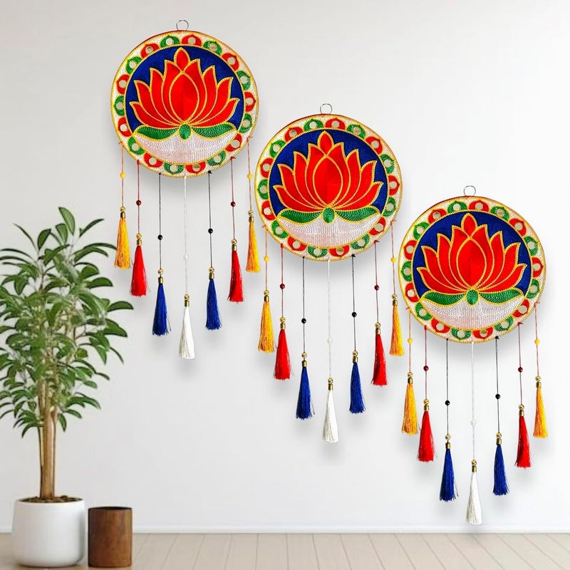 TORNORY TORNORY Traditional Round Lotus Designed Wall Hanging with Colorful LatkansVibrant Lotus Motif Wall Decor with Fabric and Velvet Finish Pack of 3 - Image 4