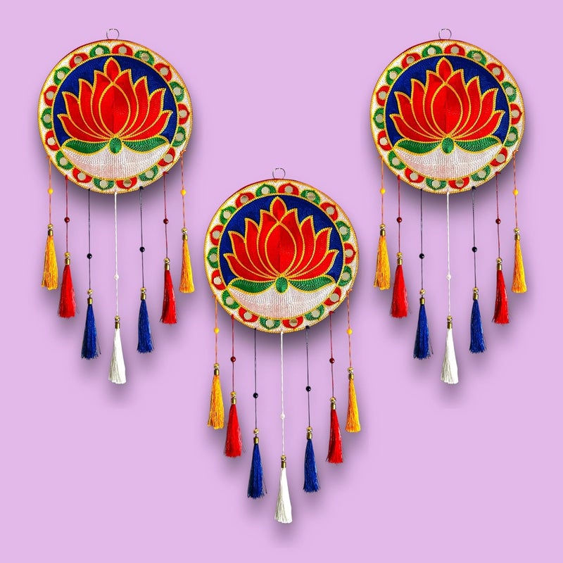 TORNORY TORNORY Traditional Round Lotus Designed Wall Hanging with Colorful LatkansVibrant Lotus Motif Wall Decor with Fabric and Velvet Finish Pack of 3 - Image 2
