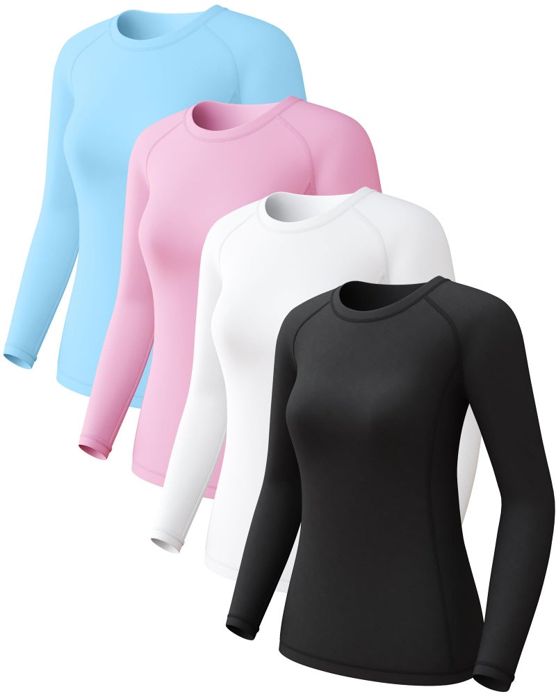 CL convallaria 4 Pack Women's Long Sleeve Compression Shirts, Cool Dry Workout Athletic Tops Sun Protection Cooling Shirts for Yoga Running Hiking Gym Black/White/Pink/Blue Large - Image 1