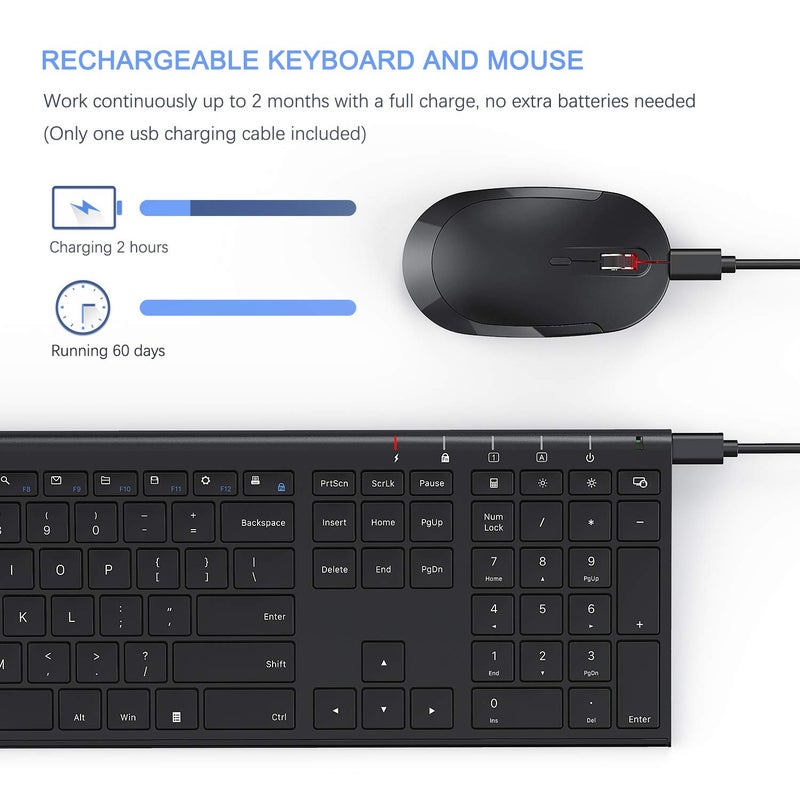 VssoPlor Wireless Keyboard and Mouse, Vssoplor 2.4GHz Rechargeable Compact Quiet Full-Size Keyboard and Mouse Combo with Nano USB Receiver for Windows, Laptop, PC, Notebook-Black - Image 3