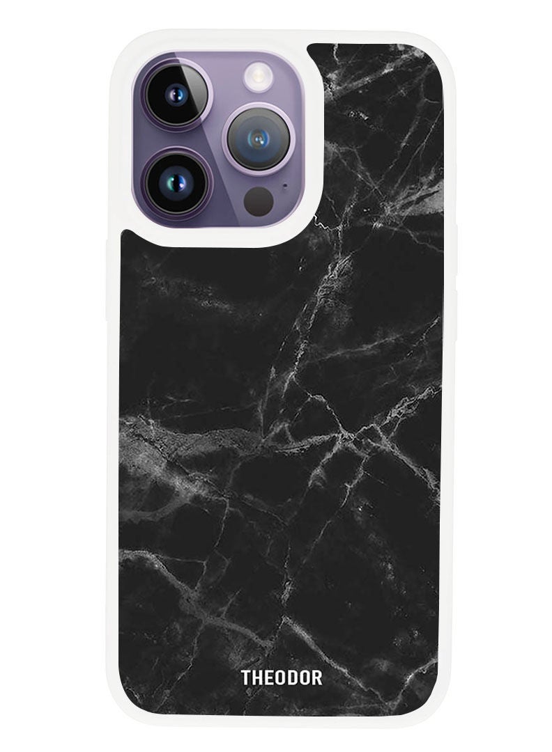 Theodor Protective Case Anti Scratch Shock Proof Cover For APPLE IPHONE 14 PRO Black Marble (White Bumper) - Image 1