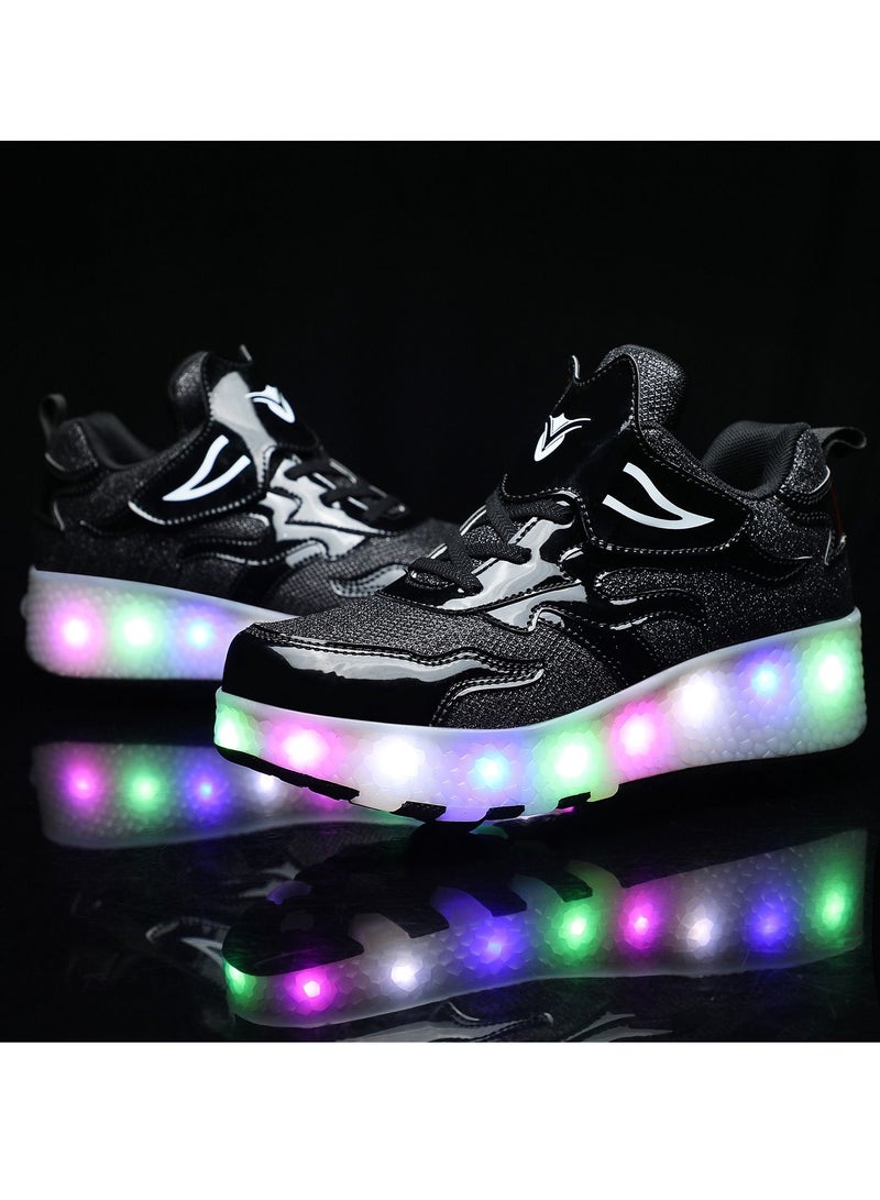 Loquat Rage Shoes For Boys And Girls Single And Double Wheel LED Flashing Lights Automatic Invisible Roller Skates Black  - Image 1