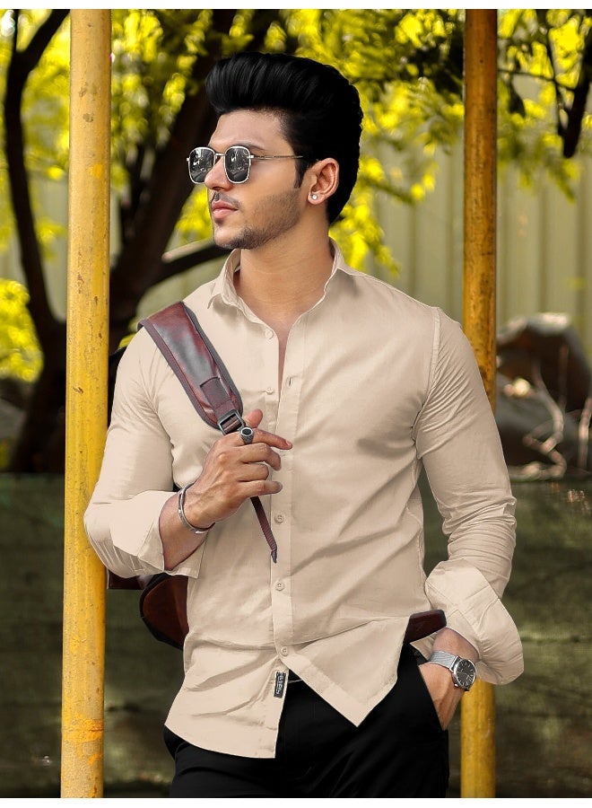 Beyoung BEYOUNG Light Beige Plain Cotton Shirts - Image 2