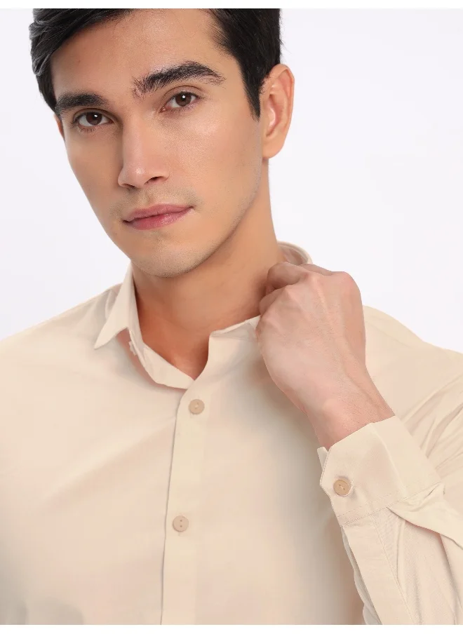 Beyoung BEYOUNG Light Beige Plain Cotton Shirts