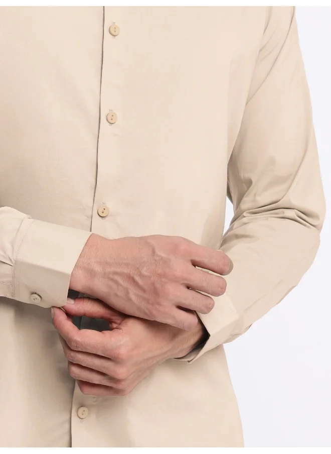 Beyoung BEYOUNG Light Beige Plain Cotton Shirts