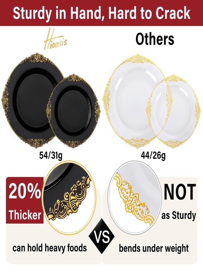 Hioasis 350pcs Black and Gold Plastic Plates - Elegant Diposable Dinnerware Set Suitable for 50 Guests Include 10.25" Dinner & 7.5" Dessert Plates, Pre Rolled Silverware Set, Cups for Party & Wedding - Image 3