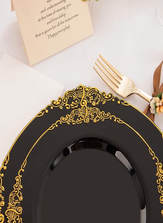 Hioasis 350pcs Black and Gold Plastic Plates - Elegant Diposable Dinnerware Set Suitable for 50 Guests Include 10.25" Dinner & 7.5" Dessert Plates, Pre Rolled Silverware Set, Cups for Party & Wedding - Image 5