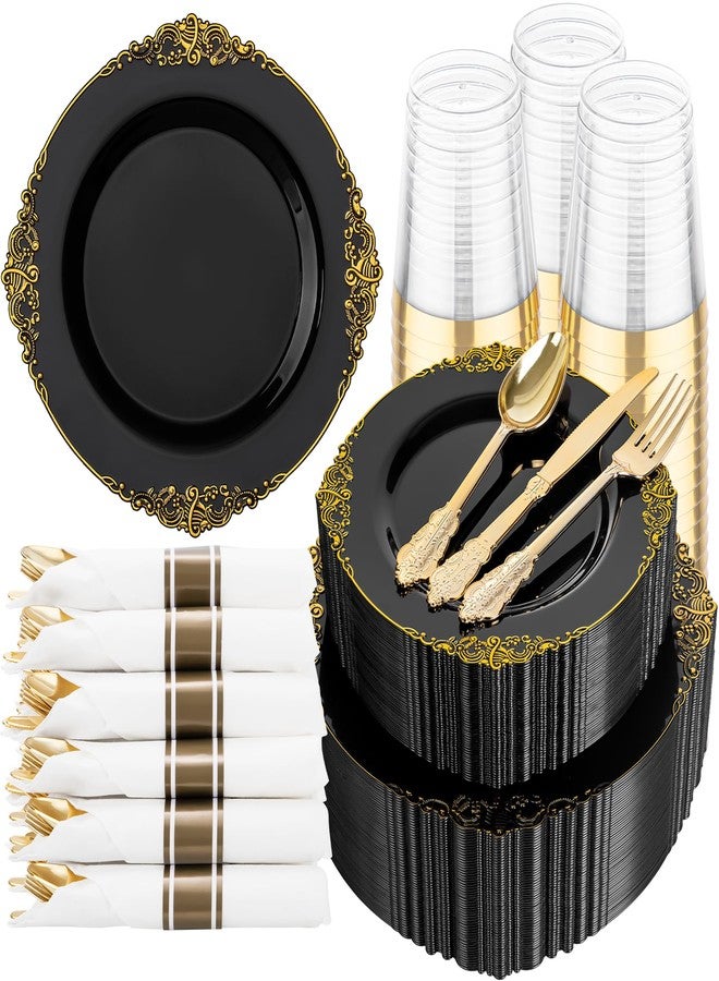 Hioasis 350pcs Black and Gold Plastic Plates - Elegant Diposable Dinnerware Set Suitable for 50 Guests Include 10.25" Dinner & 7.5" Dessert Plates, Pre Rolled Silverware Set, Cups for Party & Wedding - Image 1