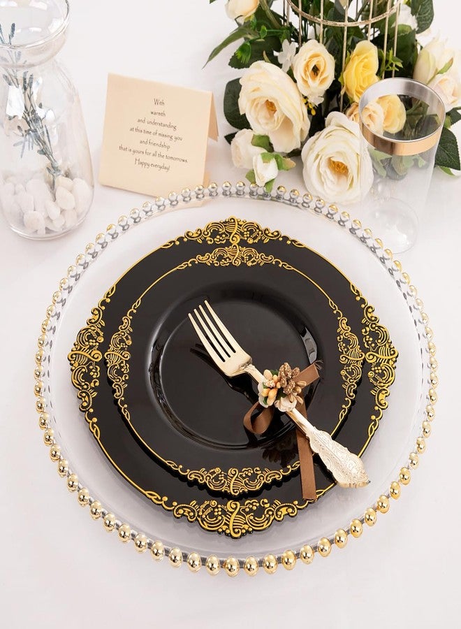 Hioasis 350pcs Black and Gold Plastic Plates - Elegant Diposable Dinnerware Set Suitable for 50 Guests Include 10.25" Dinner & 7.5" Dessert Plates, Pre Rolled Silverware Set, Cups for Party & Wedding - Image 4
