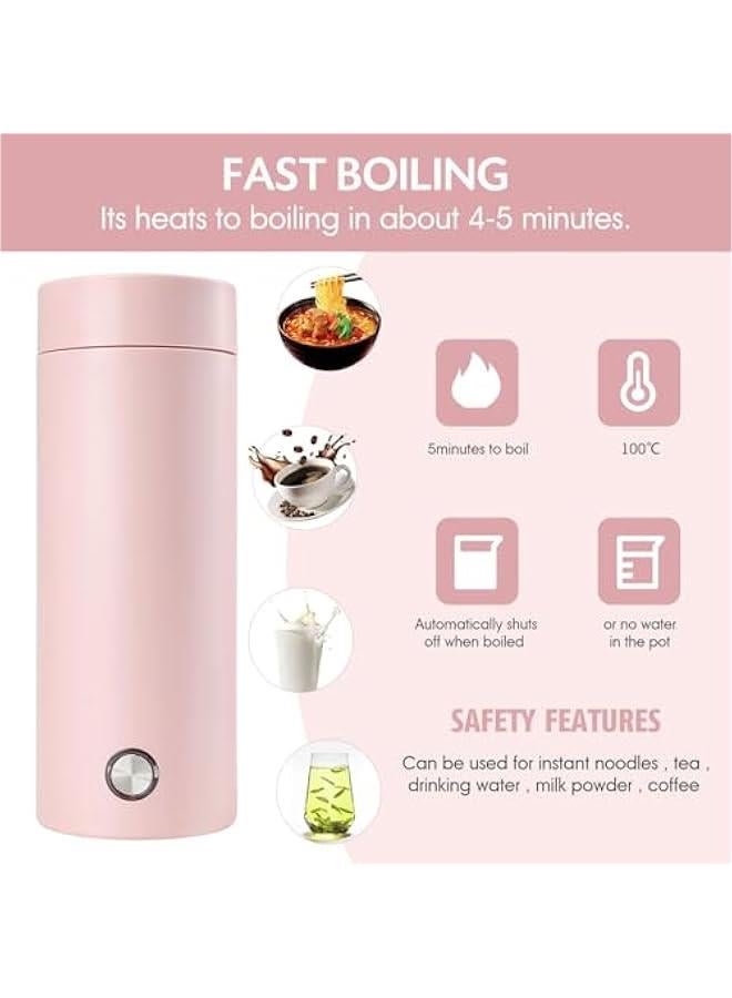 TRASSLE Portable Travel Kettle, 400ML Small Electric Travel Kettle, 3 in 1 Electric Heating Cup, Fast Boil and Auto Shut Off Heating Mug for Tea, Coffee, Baby Milk, Stainless Steel Kettle (Pink) - Image 2