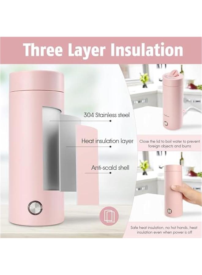 TRASSLE Portable Travel Kettle, 400ML Small Electric Travel Kettle, 3 in 1 Electric Heating Cup, Fast Boil and Auto Shut Off Heating Mug for Tea, Coffee, Baby Milk, Stainless Steel Kettle (Pink) - Image 5