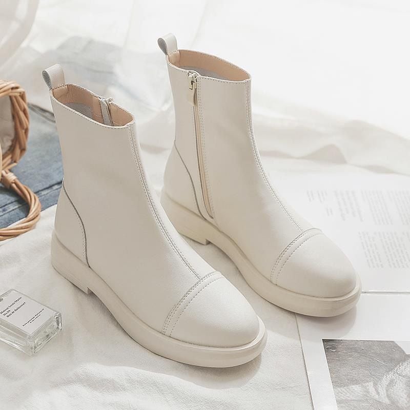 New Products, New Products For 2025, Versatile Universal Zipper White Mid-Calf Boots, Flats Soft-Soled Elastic Boots - Image 1