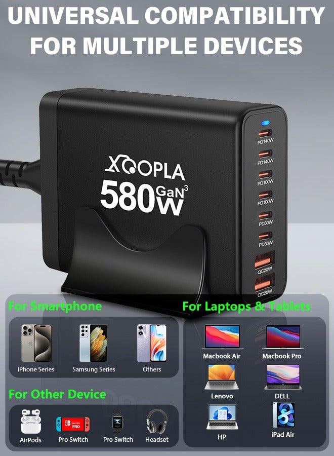 Xoopla 580W Fast Charging Station 8 Port USB C Wall Charger with 100W PD Data Cable GaN Technology Power Adapter Cube for MacBook Air iPhone iPad Samsung Huawei Xiaomi Desktop Laptop Everyday Use - Image 4