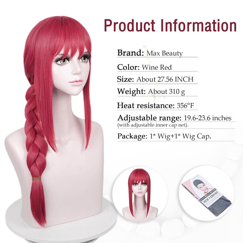 LABEAUTÉ Long Pink Braids Wig for Girls Women Cosplay Anime Braided Wig with Bangs for Csm Halloween Party Hair Wig + Cap - Image 3