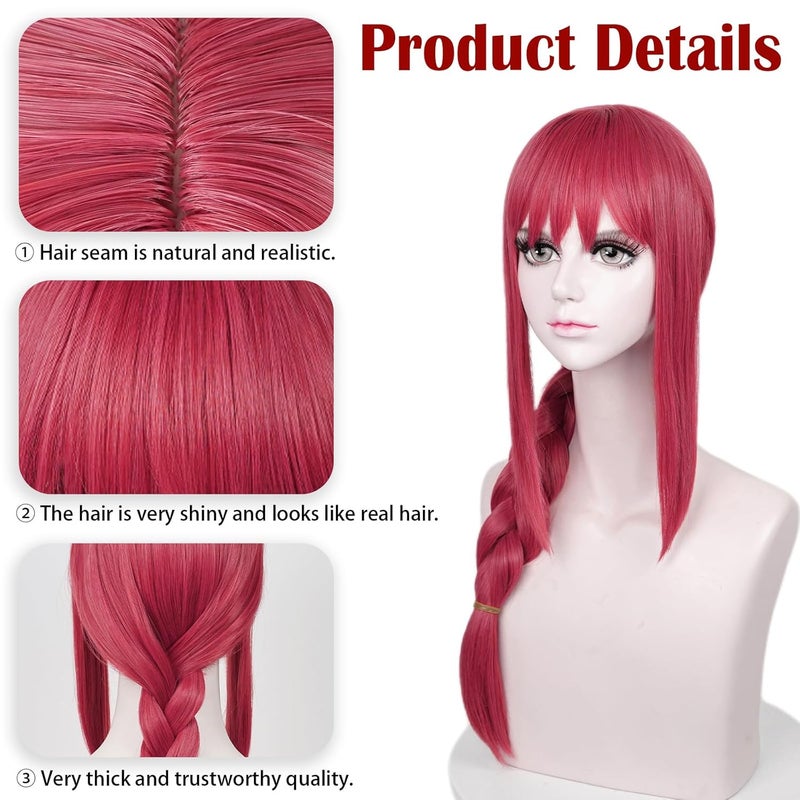 LABEAUTÉ Long Pink Braids Wig for Girls Women Cosplay Anime Braided Wig with Bangs for Csm Halloween Party Hair Wig + Cap - Image 4