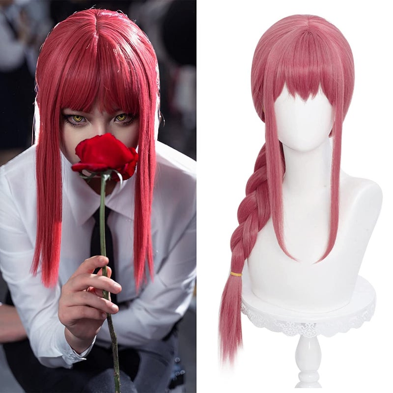 LABEAUTÉ Long Pink Braids Wig for Girls Women Cosplay Anime Braided Wig with Bangs for Csm Halloween Party Hair Wig + Cap - Image 1