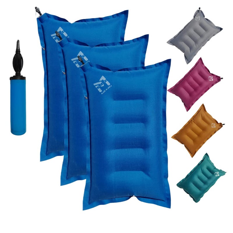 PM SQUARE Cotton Blend Inflatable Soft Portable Air Travel Pillow Pack of 3 With An Air Pump For Travelling In Train Bus Camping Hostel And Office Multicolor - Image 1