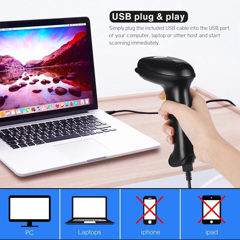 WoneNice Hands-Free USB Barcode Scanner with Stand for Retail, POS System, Countertop Checkout, Warehouse, Library - Plug & Play Compatible with PC/Mac/Windows/Linux, Back to School Scanner (Black) - Image 2