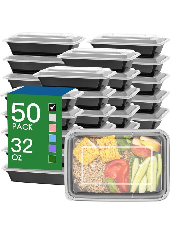 ٥٠ قطعة من حاويات تحضير الوجبات، سعة ٣٢ أونصة قابلة لإعادة الاستخدام مع أغطية سهلة الفتح، متينة ومضادة للتسرب وآمنة للاستخدام في الميكروويف والفريزر وغسالة الأطباق، مع أغطية بلاستيكية لحفظ الطعام (أسود) - Image 1