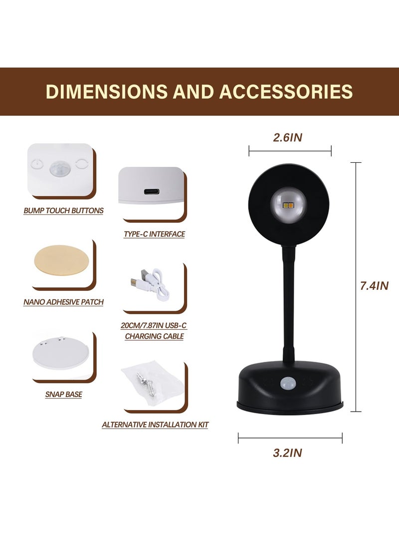 sokany Motion Sensor Wall Light Rechargeable LED Spotlight Flexible Rotate Bedside Reading Lamps with 3 Color Temperature for Picture, Mirror, Hallway (Black, 1 Pack(with Remote Control)) - Image 2