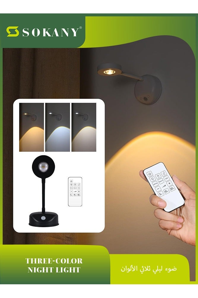 sokany Motion Sensor Wall Light Rechargeable LED Spotlight Flexible Rotate Bedside Reading Lamps with 3 Color Temperature for Picture, Mirror, Hallway (Black, 1 Pack(with Remote Control)) - Image 1
