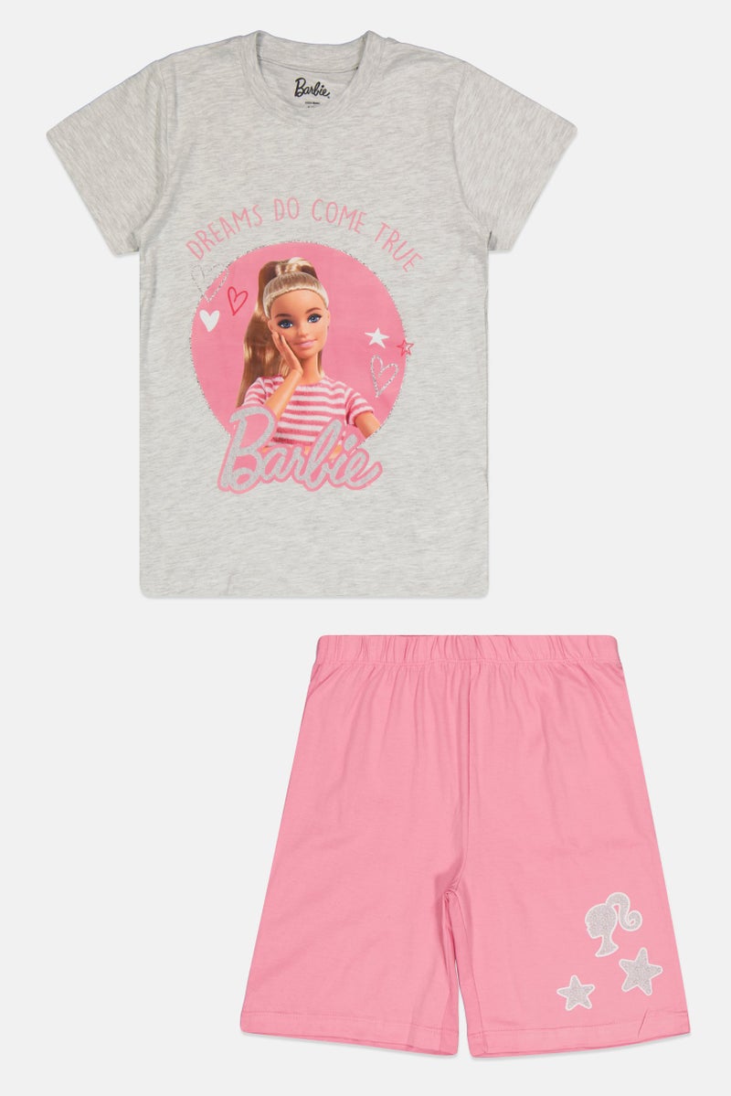 Barbie Kids Girl 2 Pcs Graphic Print Top And Short Pajama Set, Multicolor - Image 1