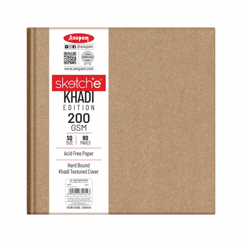Anupam Anupam Sketche Khadi (Cover) Hardcover Sketch Book Square | 40 Sheets / 80 Pages | 200 GSM Acid-Free Cartridge Paper | Good for Marker Watercolor, Alcohol Markers, Acrylic, Ink, Oil Pastel, Pencil - Image 1