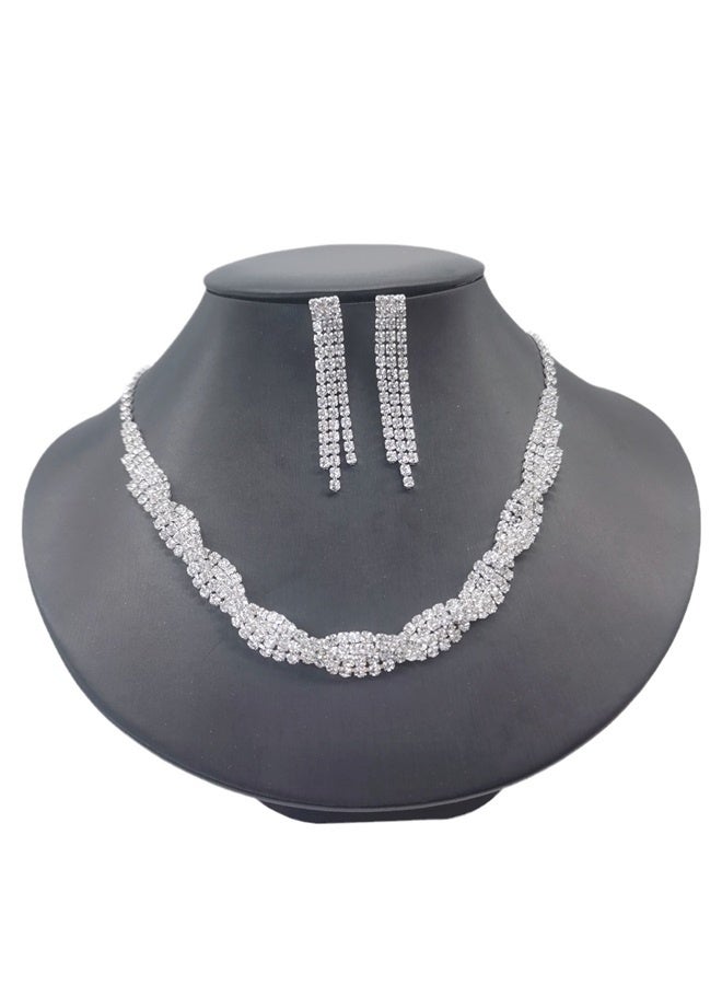 2Piece Necklace and Earrings Set Full Diamond Necklace Crystal Earrings Wedding Bridal Bridesmaid Costume Jewelry Set for Women and Girls Dress Accessories  - Image 1