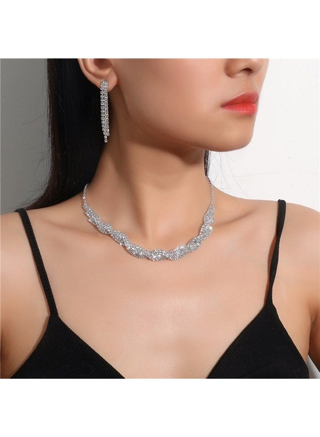 2Piece Necklace and Earrings Set Full Diamond Necklace Crystal Earrings Wedding Bridal Bridesmaid Costume Jewelry Set for Women and Girls Dress Accessories  - Image 2