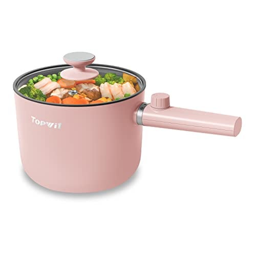 Topwit Hot Pot Electric, 1.5L Ramen Cooker, Portable Non-Stick Frying Pan, Electric Pot for Pasta, Steak, BPA Free, Electric Cooker with Dual Power Control, Over-Heating & Boil Dry Protection, Pink - Image 1