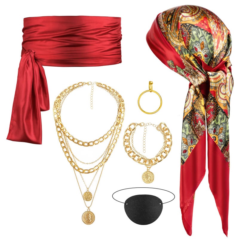 ZIZWO 6PCS Pirate Costume SetWomen Pirate Accessories Head Scarf Sash NecklaceHalloween Outfit Accessories for Adult Cosplay Party - Image 2