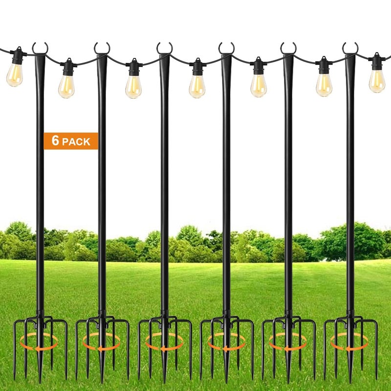 MuliVid 6 Pack 9FT String Light Poles for Outdoor,Metal Lights Hanging Pole Outside with Fork,Light Stand for Patio, Pergola, Garden, Backyard, Yard, Camping Party - Image 1