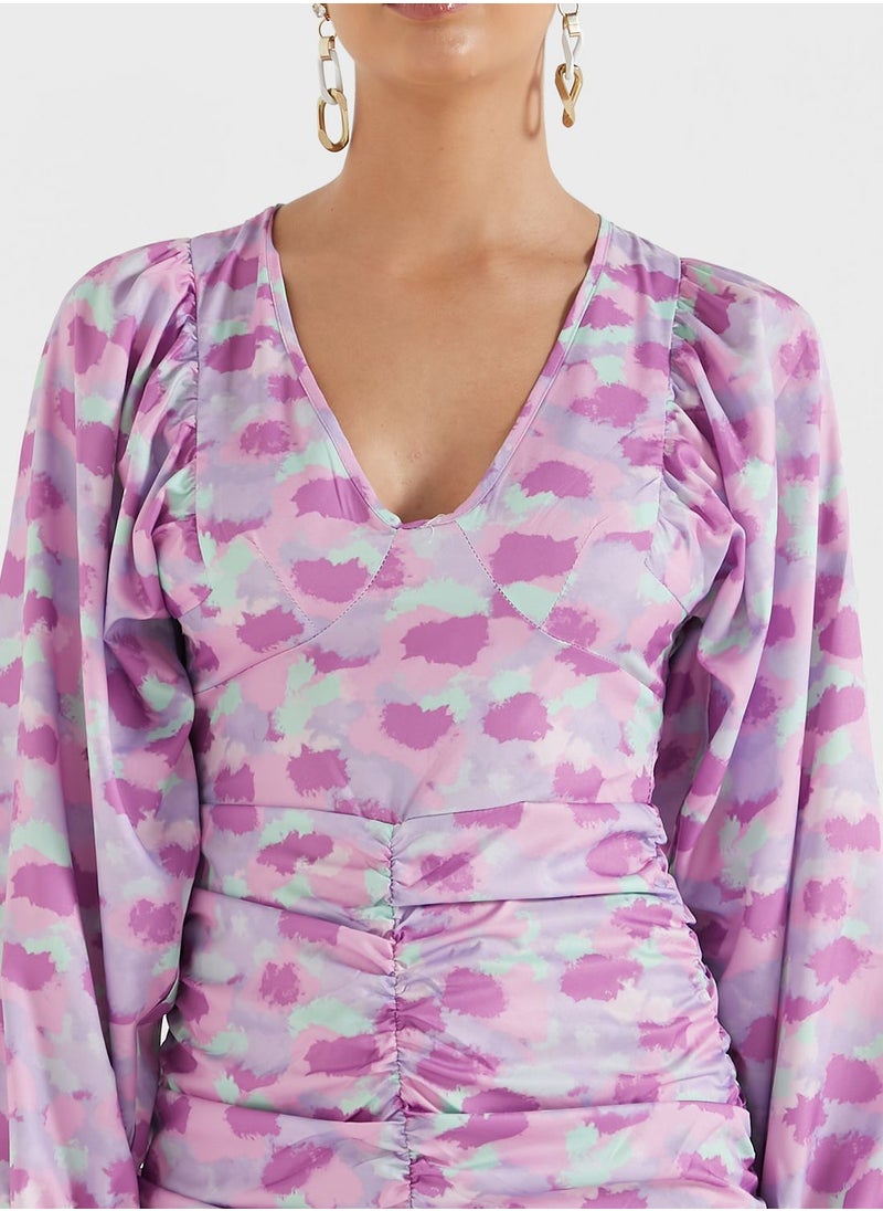 Ginger - Printed Plunge Puff Sleeve Dress - Image 1