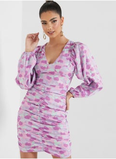 Printed Plunge Puff Sleeve Dress